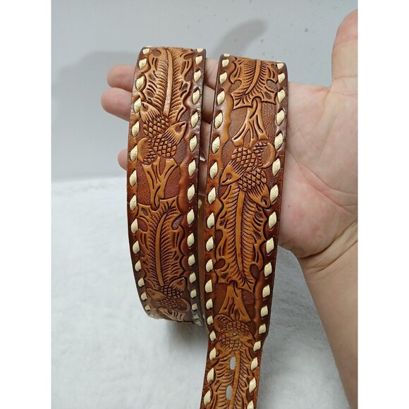 Vintage Hand Tooled Brown Leather Belt Floral PAUL Embossed Weave Edge Size 34 - Picture 4 of 9